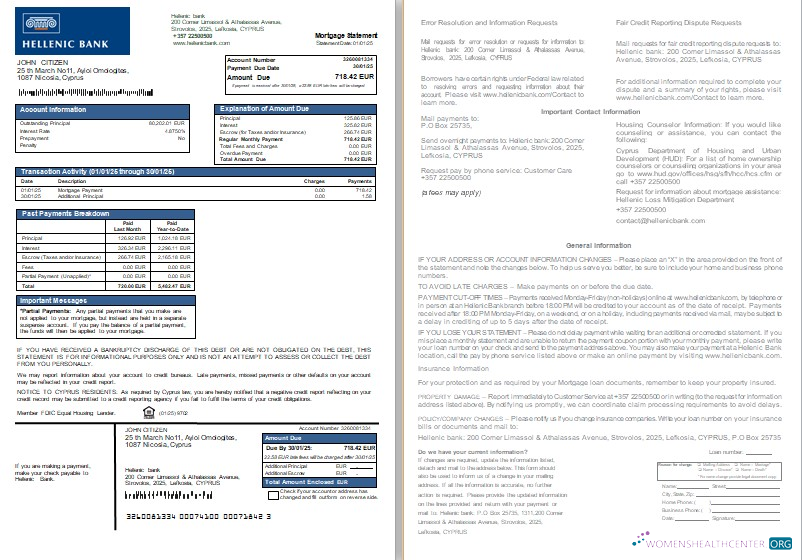 Download Cyprus Hellenic bank mortgage statement, 2 pages, 1 2 scr Photoshop template